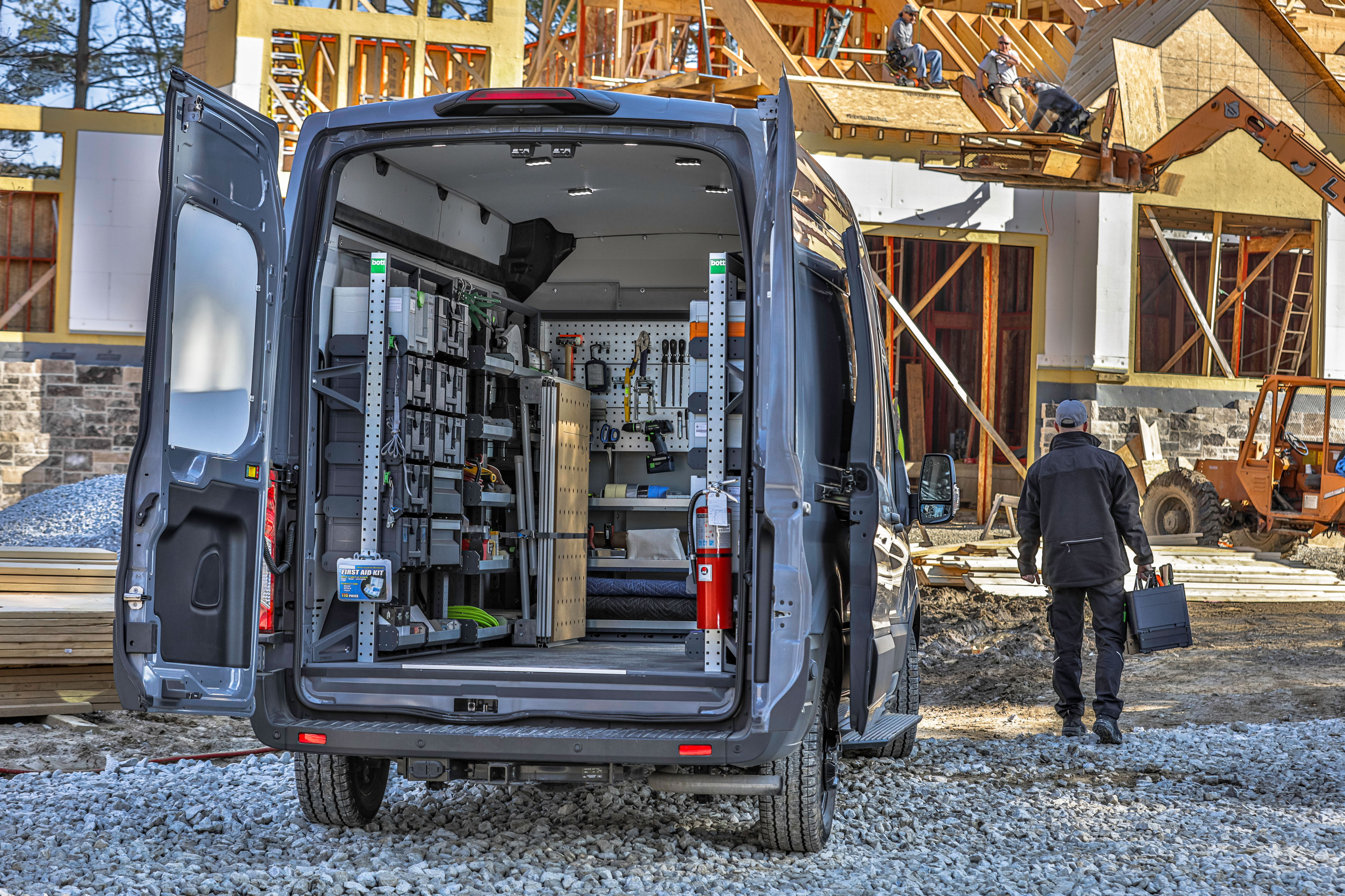 Van shelving for construction workers from van to jobsite.